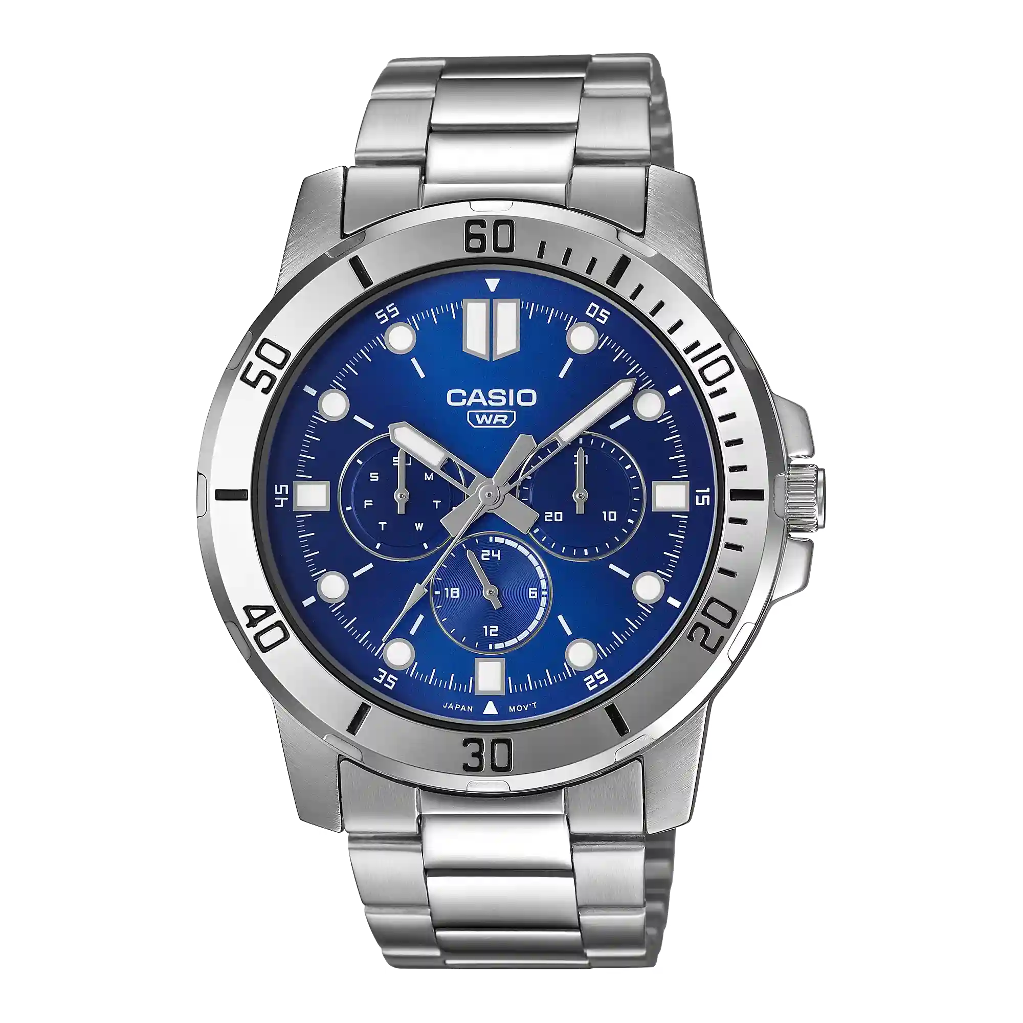 MTP-VD300D-2E Casio MTP-VD300D-2E price in Pakistan - men's stainless steel watch with blue dial and three sub-dials