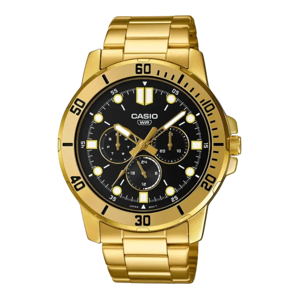 Casio MTP-VD300G-1E price in Pakistan - men's gold tone watch with black dial and three sub-dials