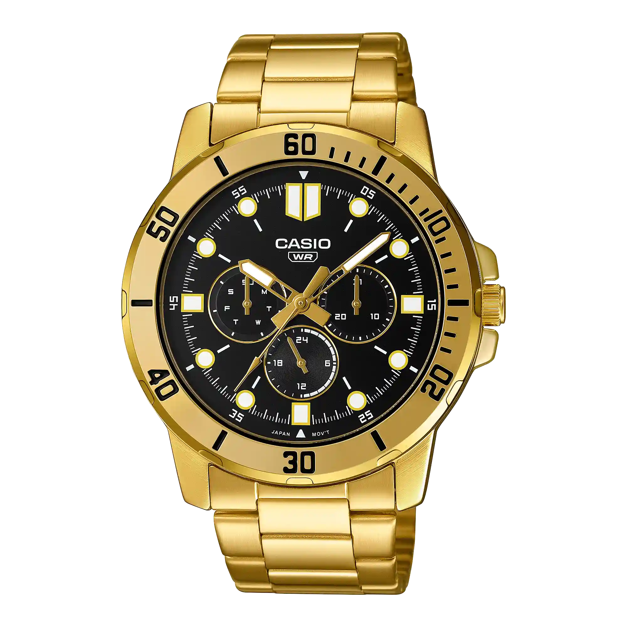 MTP-VD300G-1E Casio MTP-VD300G-1E price in Pakistan - men's gold tone watch with black dial and three sub-dials