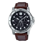Casio MTP-VD300L-1E price in Pakistan - men's watch with black dial, three sub-dials and brown leather strap