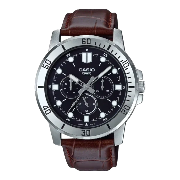 Casio MTP-VD300L-1E price in Pakistan - men's watch with black dial, three sub-dials and brown leather strap