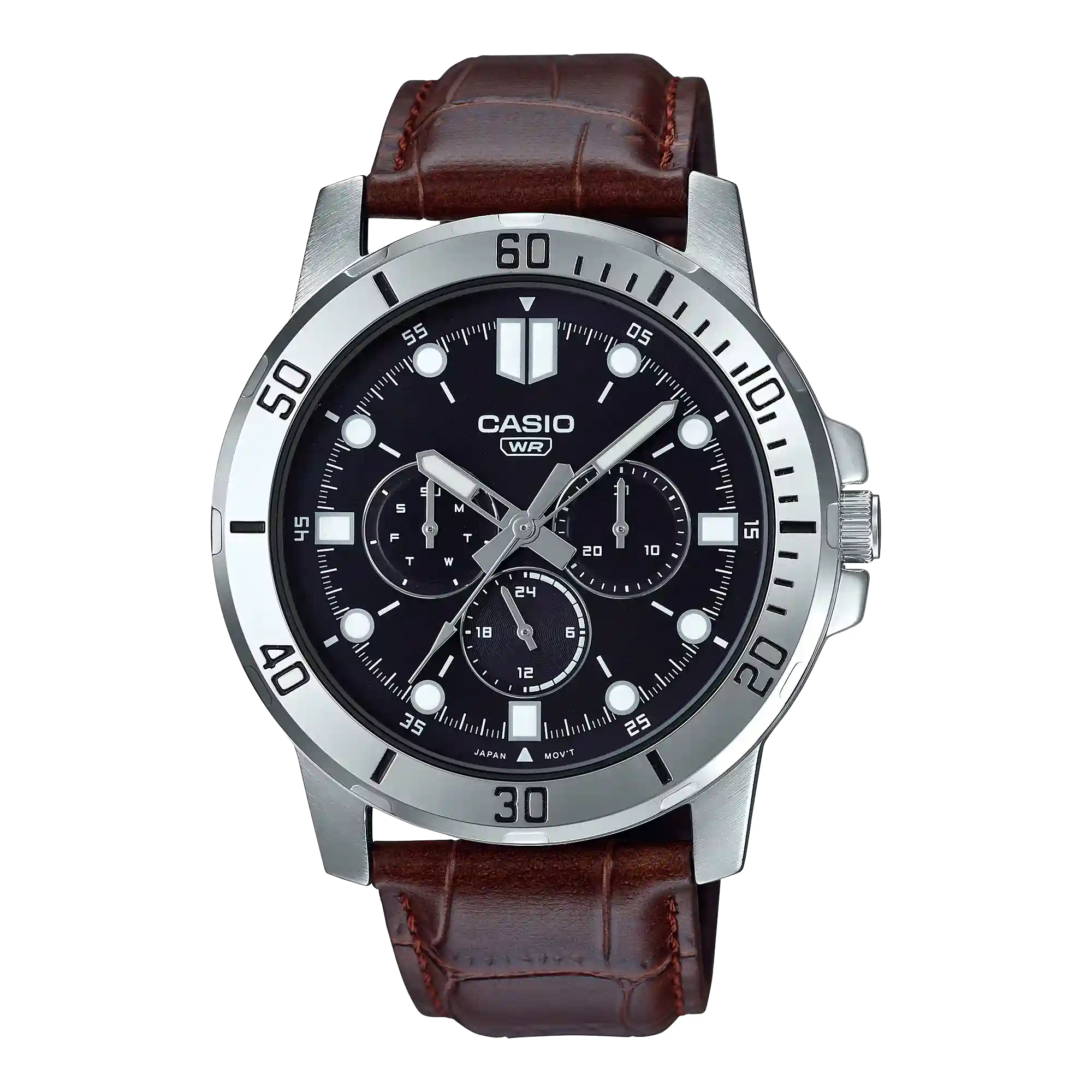 MTP-VD300L-1E Casio MTP-VD300L-1E price in Pakistan - men's watch with black dial, three sub-dials and brown leather strap