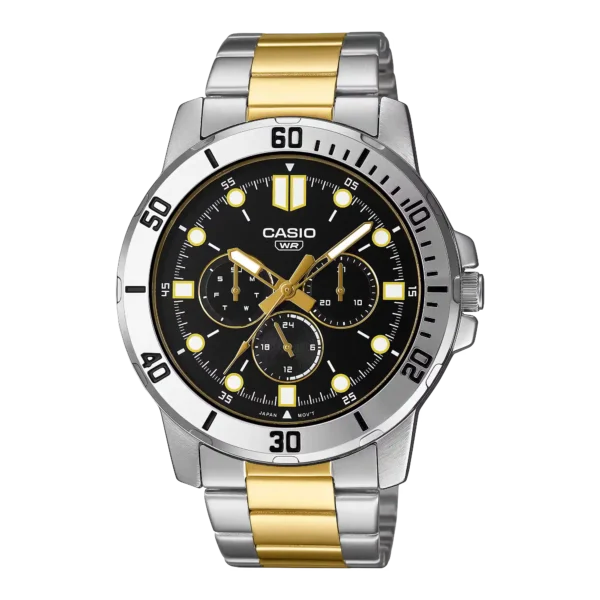 Casio MTP-VD300SG-1E price in Pakistan - men's two-tone gold steel watch with black dial and three sub-dials