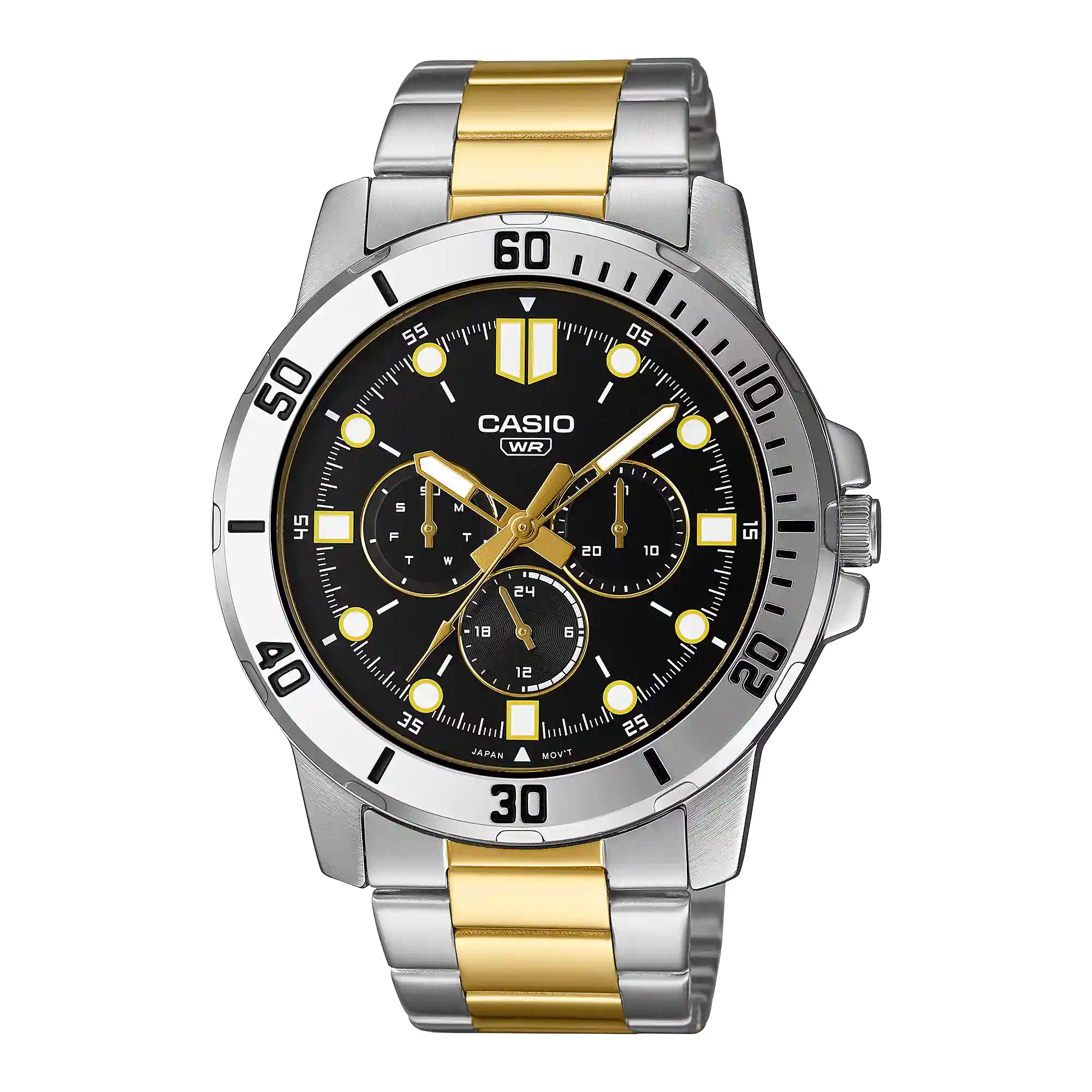 MTP-VD300SG-1E Casio MTP-VD300SG-1E price in Pakistan - men's two-tone gold steel watch with black dial and three sub-dials