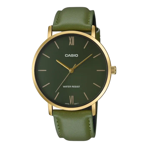 Casio MTP-VT01GL-3B price in Pakistan green dial gold tone men's analog watch with green leather band