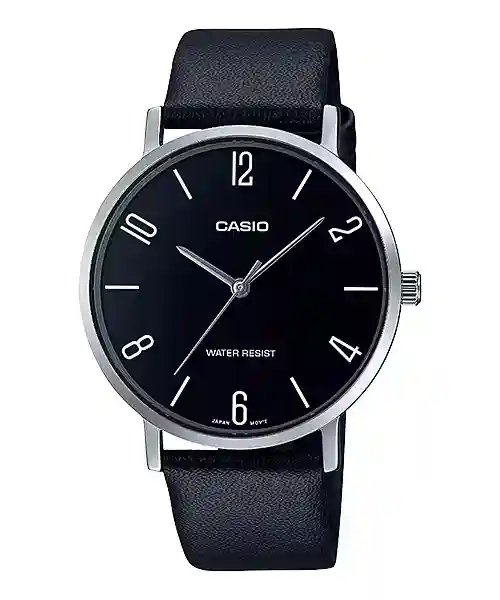 Casio MTP-VT01L-1B2 price in Pakistan minimal black dial silver tone men's analog watch with black leather band