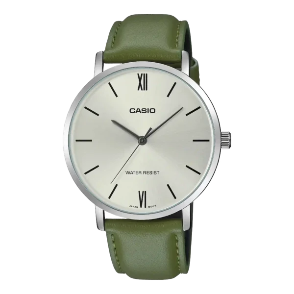 Casio MTP-VT01L-3B price in Pakistan silver dial silver tone men's analog watch with green leather band
