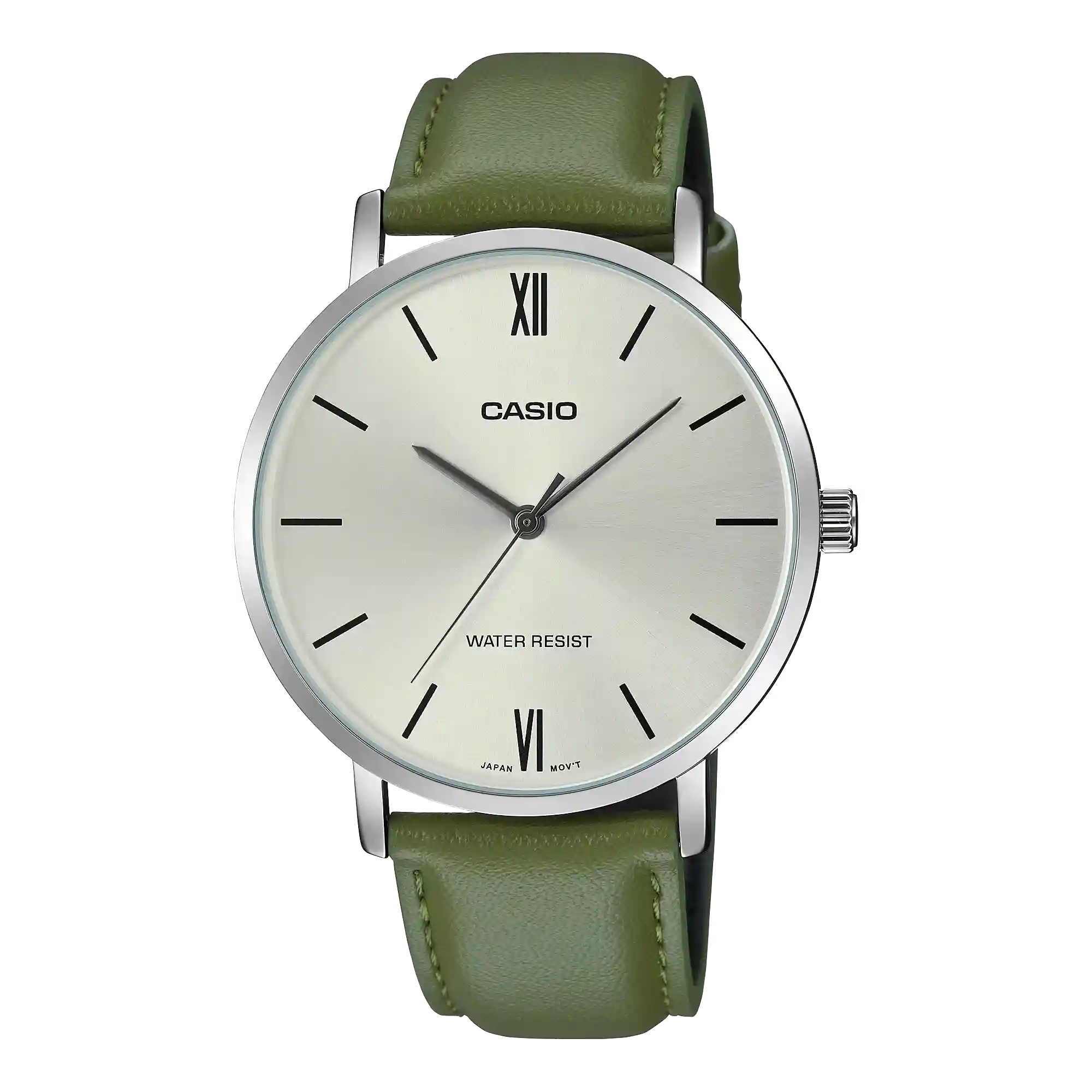 MTP-VT01L-3B-PRICE-IN-PAKISTAN Casio MTP-VT01L-3B price in Pakistan silver dial silver tone men's analog watch with green leather band