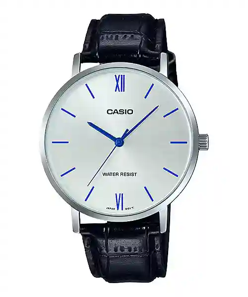 Casio MTP-VT01L-7B1 price in Pakistan silver dial blue accent silver tone men's analog watch with black leather band