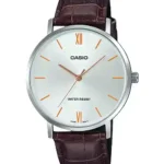 Casio MTP-VT01L-7B2 price in Pakistan silver dial orange accent silver tone men's analog watch with brown leather band
