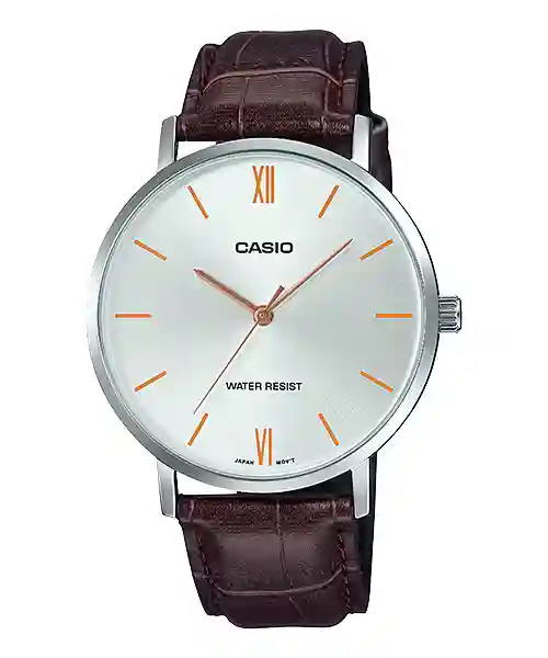 MTP-VT01L-7B2-PRICE-IN-PAKISTAN Casio MTP-VT01L-7B2 price in Pakistan silver dial orange accent silver tone men's analog watch with brown leather band