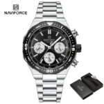 NAVIFORCE NF8049 price in Pakistan - black dial quartz chronograph men's watch with silver bracelet