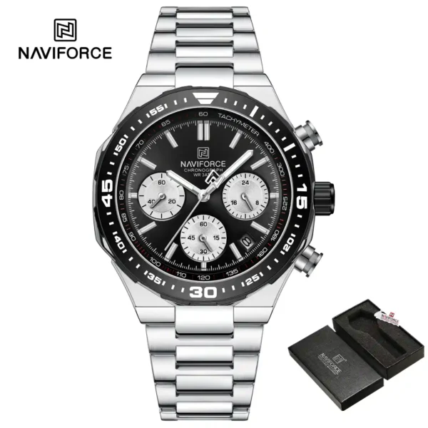 NAVIFORCE NF8049 price in Pakistan - black dial quartz chronograph men's watch with silver bracelet