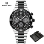 NAVIFORCE NF8049 price in Pakistan - black dial quartz chronograph men's watch with silver bracelet