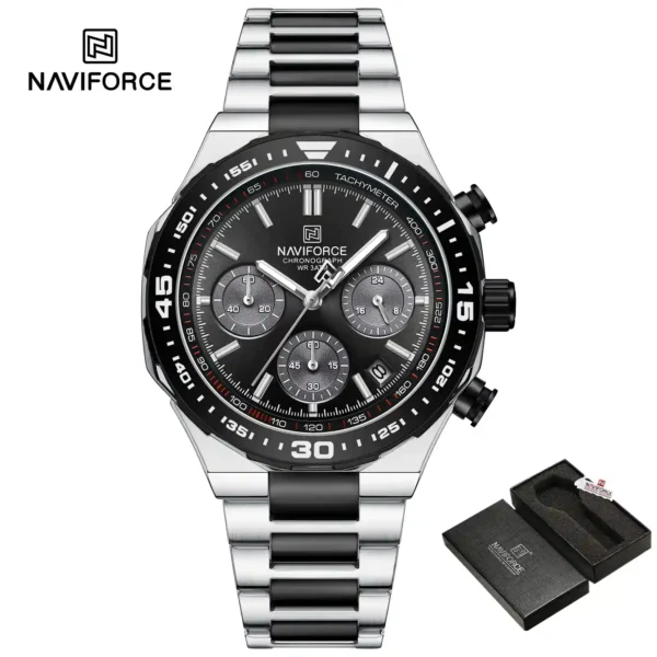 NAVIFORCE NF8049 price in Pakistan - black dial quartz chronograph men's watch with silver bracelet