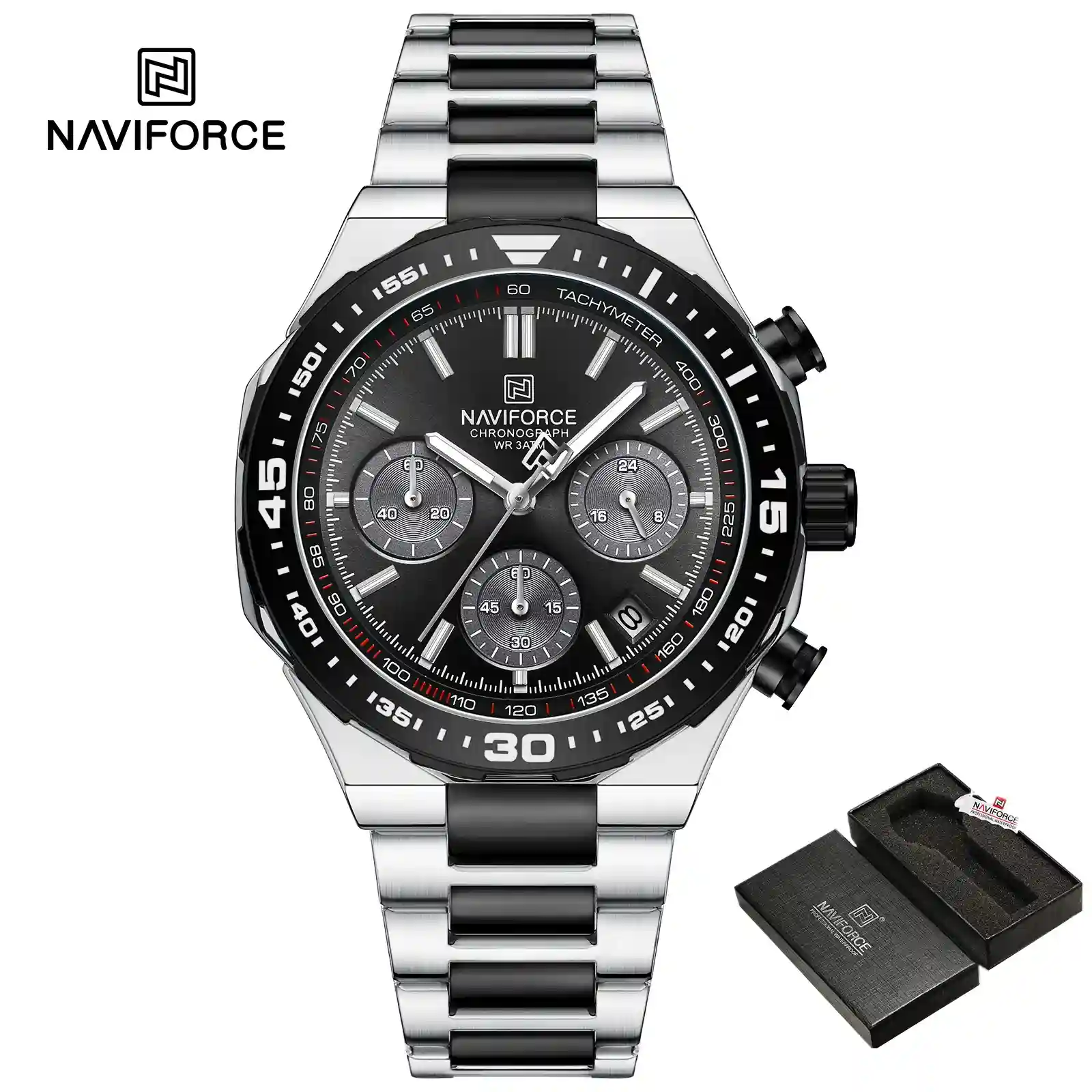 NAVIFORCE NF8049 s-bk NAVIFORCE NF8049 price in Pakistan - black dial quartz chronograph men's watch with silver bracelet