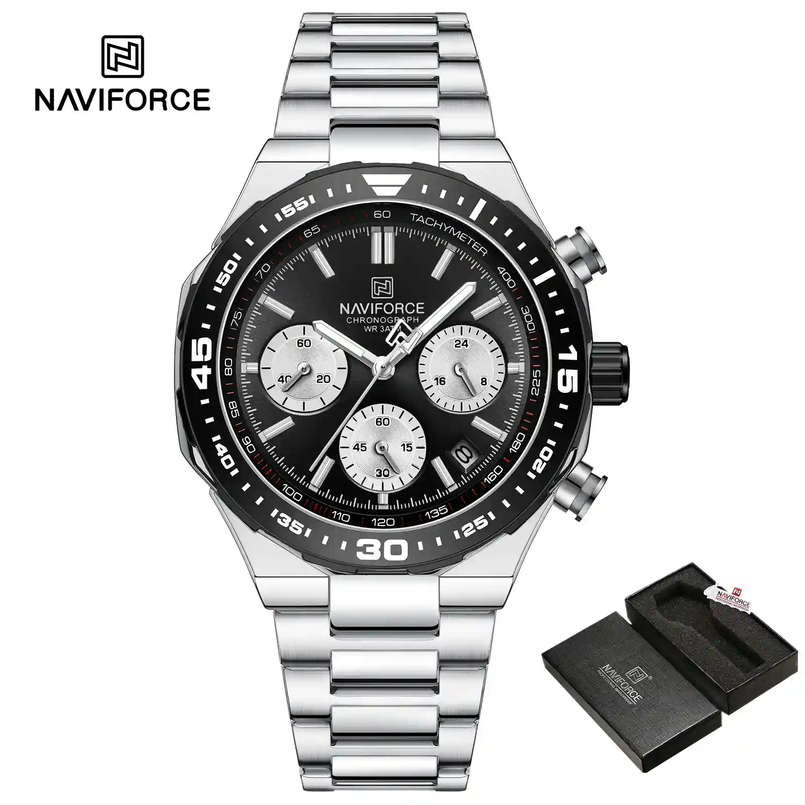 NAVIFORCE NF8049 NAVIFORCE NF8049 price in Pakistan - black dial quartz chronograph men's watch with silver bracelet