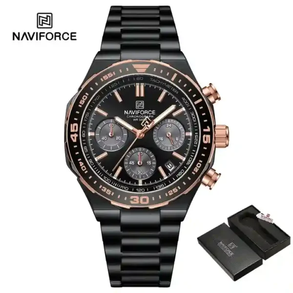 NAVIFORCE NF8049 price in Pakistan - black dial quartz chronograph men's watch with silver bracelet