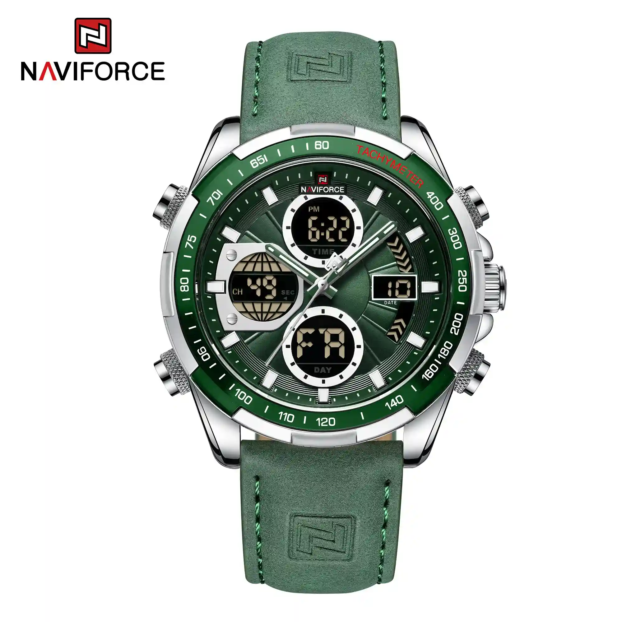NF9197L NAVIFORCE NF9197L price in Pakistan - green dial dual display men's watch with leather strap
