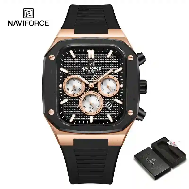 Naviforce NF-8037 RG NAVIFORCE NF8037 Rose Gold price in Pakistan - square black dial chronograph men's watch with silicone strap