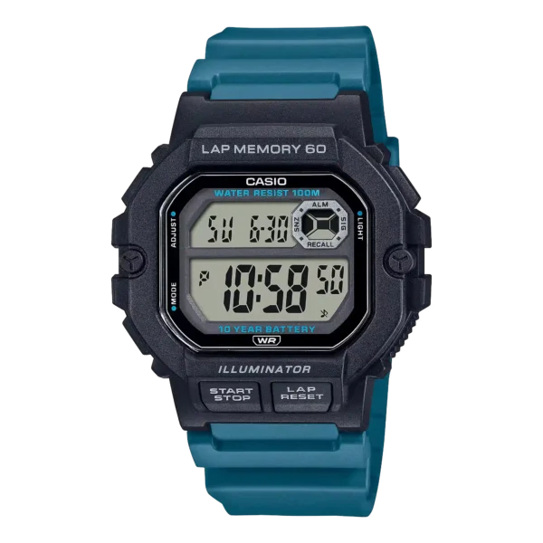 Casio WS-1400H-3AV price in Pakistan black digital running watch with teal blue resin band and 60 lap memory